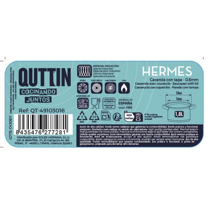 Cacerola Hermes 16 cm (1.8L) Acero Inoxidable con Tapa - Inde (6 Unidades) 4 Cacerola Hermes 16 cm (1.8L) Acero Inoxidable con Tapa - Inde (6 Unidades) 4