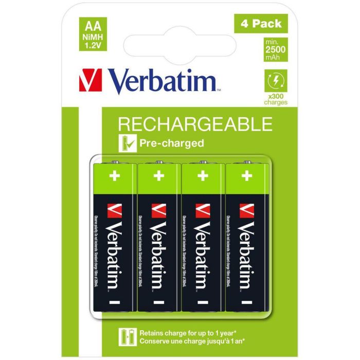 Verbatim AA Premium Rechargeable Batteries HR6, 1.2V, 2500mAh, 4 Pack