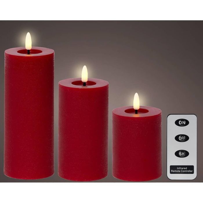 Lumineo Vela LED Cera Roja Rústica Ø7cm Alturas Variadas, Set 3 Unidades con Mando a Distancia y Efecto Llama, Luz Cálida Interior