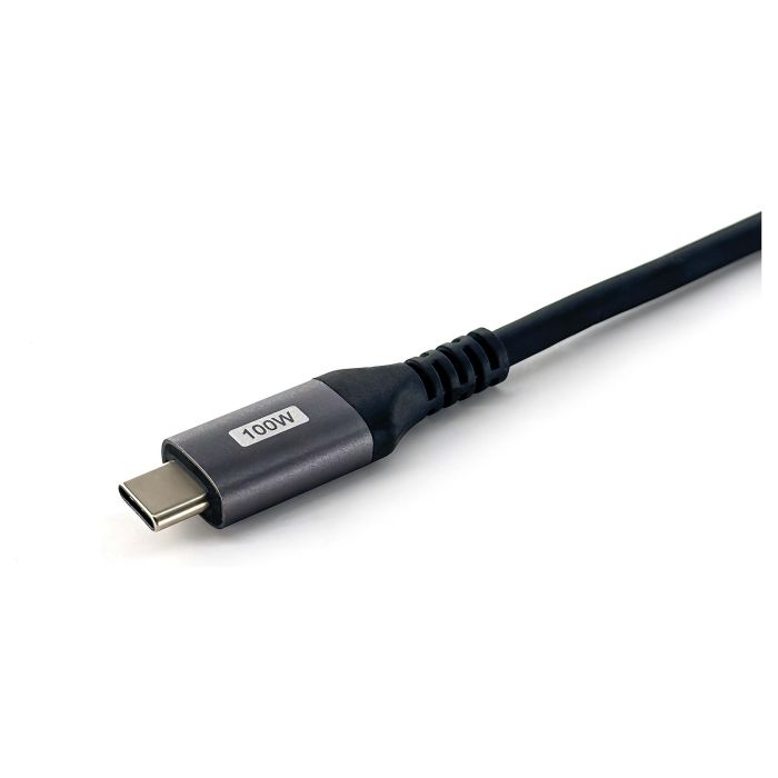 Equip Cable USB-C 2.0 Macho Macho Acodado 90° 100W Con Chip E-Mark Color Negro 1.0m Malla algodon trenzado Carcasa Conector Aluminio 3