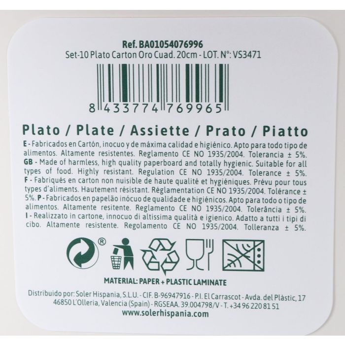Set de 10 platos de cartón oro cuadrados 20 cm Algon (18 Cajas) 4 Set de 10 platos de cartón oro cuadrados 20 cm Algon (18 Cajas) 4