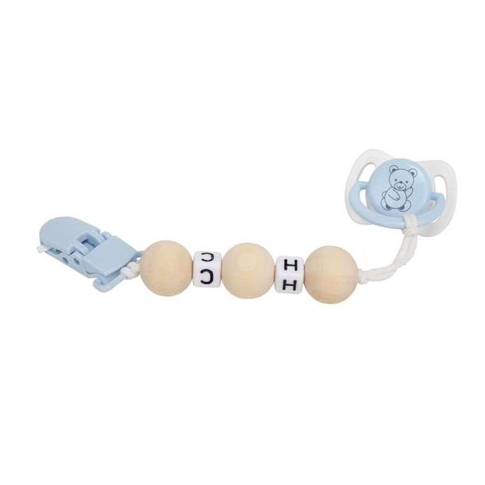 Set chupete azul/blanco c/cadena de bolas de madera y pinza blanca 2 Set chupete azul/blanco c/cadena de bolas de madera y pinza blanca 2