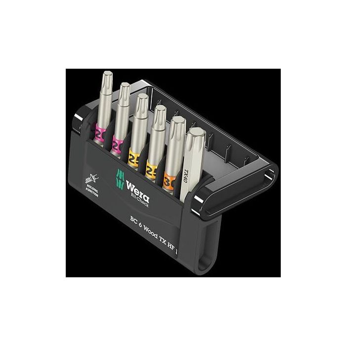 Wera 05056470001 Bit-Check 6 Wood TORX HF Juego de Puntas Torx Plus TX20, TX25, TX30, TX40 con Funda de Transporte 1