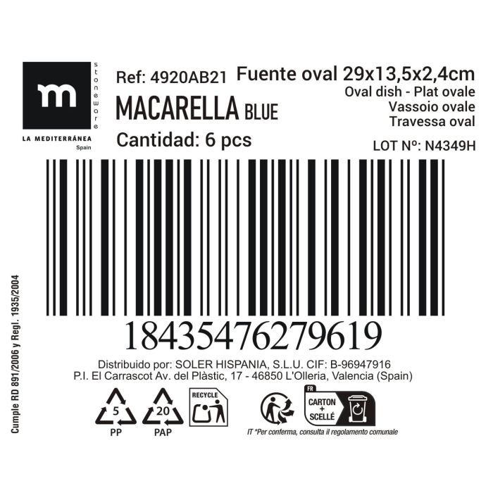 Fuente Oval Macarella Blue 29x13.5x2.4 cm - Inde (24 Unidades) 1 Fuente Oval Macarella Blue 29x13.5x2.4 cm - Inde (24 Unidades) 1