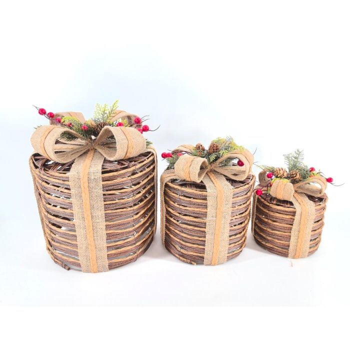 DKD Home Decor Decoración Navideña Ratán LED Natural 25x25x30 cm Set de 3 Piezas, Pack de 2 Unidades, Requiere 3 Pilas AA