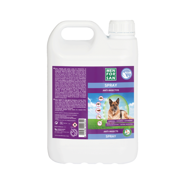 Men For San Spray Anti-Insectos Perros 5 L Repelente Natural. Protección 24h contra Pulgas, Garrapatas, Mosquitos. Apto Cachorros y Gestantes.