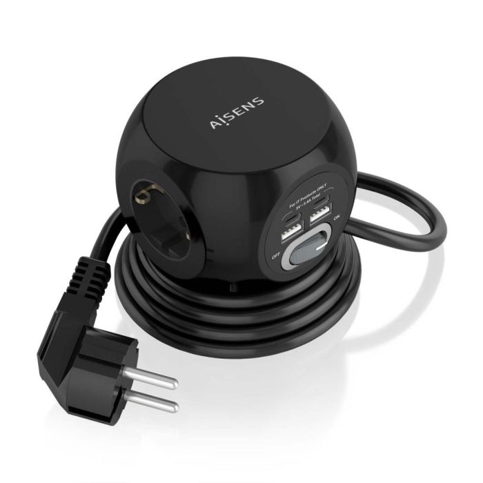 Aisens ASPS-2A2C05-BK Regleta Sobremesa 3 Tomas Schuko, 2 USB-C, 2 USB-A, Interruptor, Protección Infantil, Cable 1.4m Negro