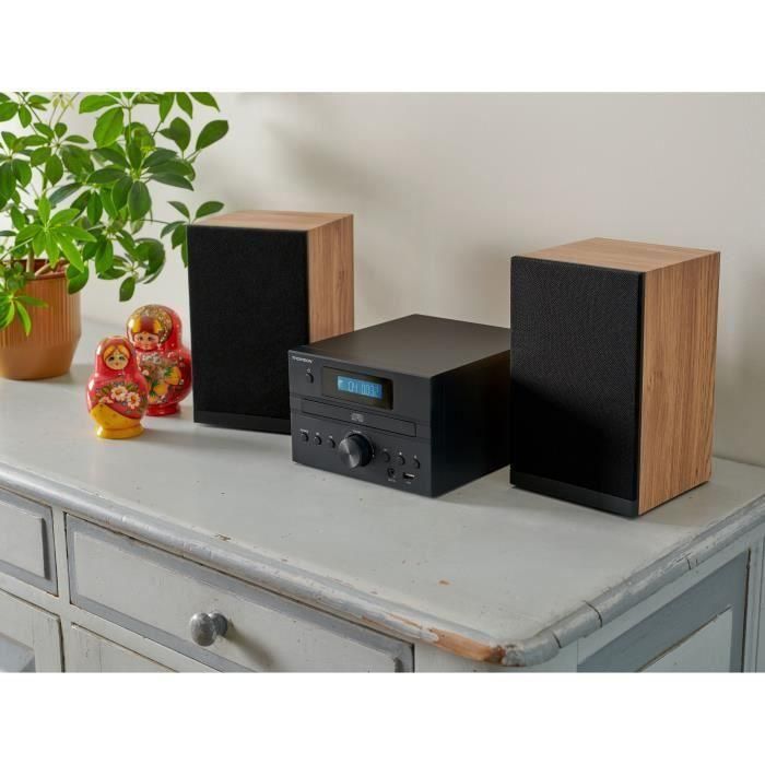 Microsistema Bluetooth - THOMSON - Madera/Negro - Radio FM/CD/MP3/USB, 20W RMS, Sintonizador FM RDS, Toma de auriculares, Mando a distancia, Fuente de alimentación. 230V 5