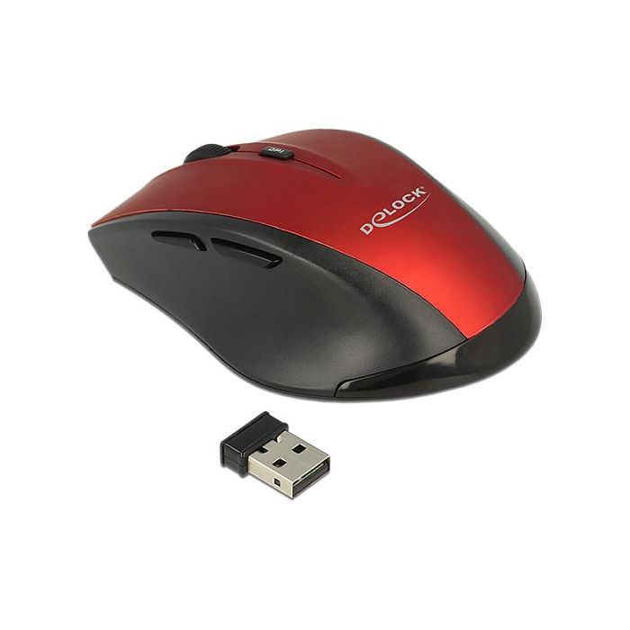 DeLOCK Ratón Ergónómico Inalámbrico 2.4G 12493 - Óptico 1600 DPI, 5 Botones, Mano Derecha, Negro y Rojo 2