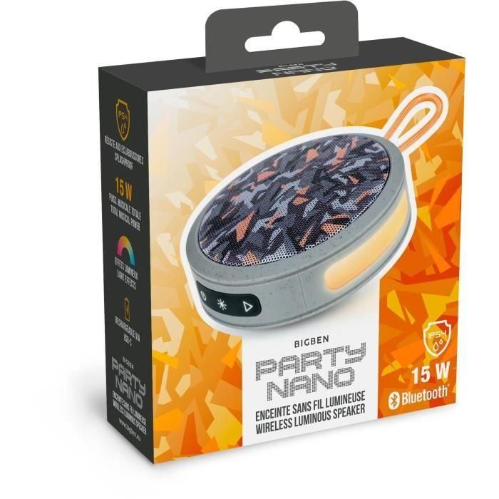 BIGBEN Party - Altavoz Bluetooth redondo con correa y efectos de luz - 15W - Camuflaje gris y naranja 3 BIGBEN Party - Altavoz Bluetooth redondo con correa y efectos de luz - 15W - Camuflaje gris y naranja 3