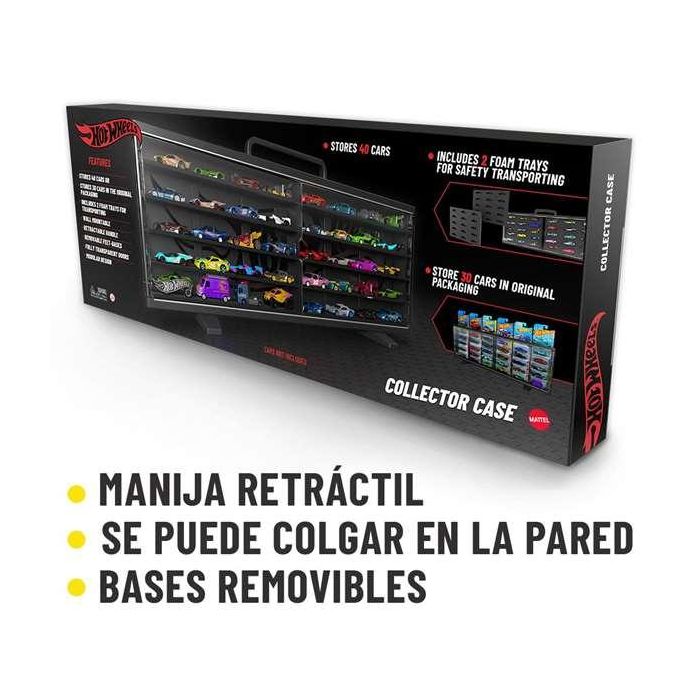 Maletin coleccionista hot wheels con 40 coches, puertas transparentes, diseño modular y 2 planchas de gomaespuna. se puede colgar en la pared 1