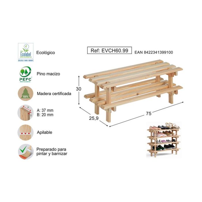 Astigarraga Zapatero Evolution Evch60.99 Madera Pino Macizo Natural Apilable 75x25,9x30 cm 4