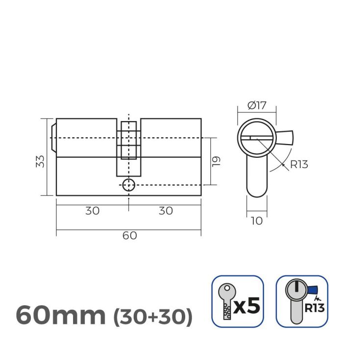 Cilindro 60mm (30+30mm) niquelado, leva corta r13 con 5 llaves seguridad incluidas 1