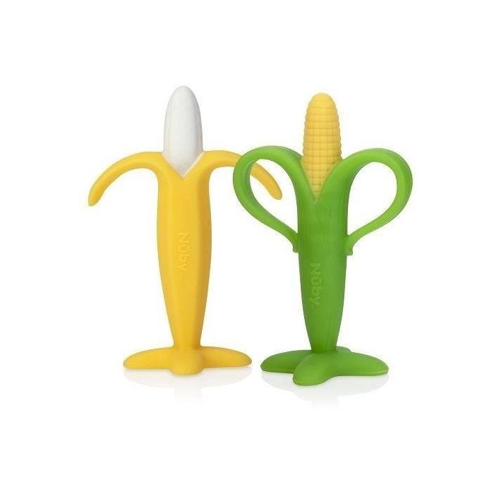 Nuby NUB0048526993413 - Pack 2 Mordedores Silicona Bebé Plátano y Maíz - A partir de 3 Meses