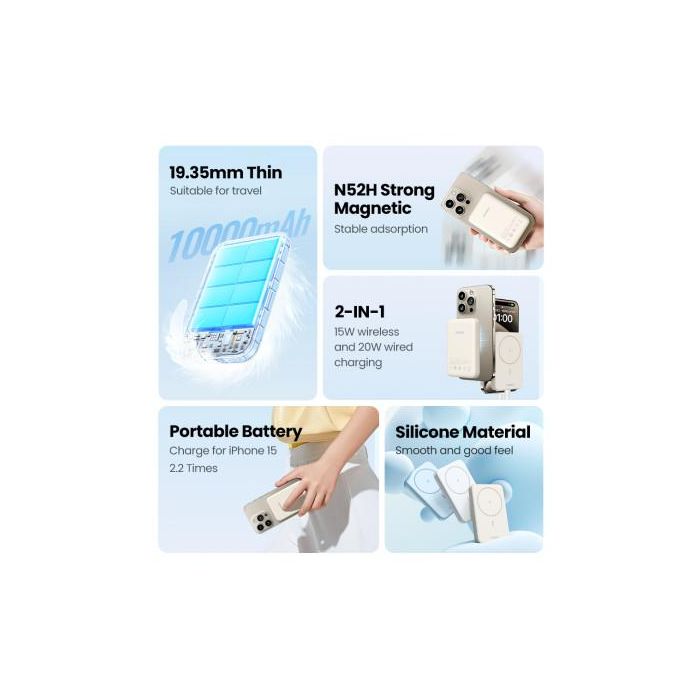 UGREEN 25208 Batería Externa 10000 mAh Cargador Inalámbrico Beige para iPhone 12-15 Series, Carga Rápida PD 20W 2