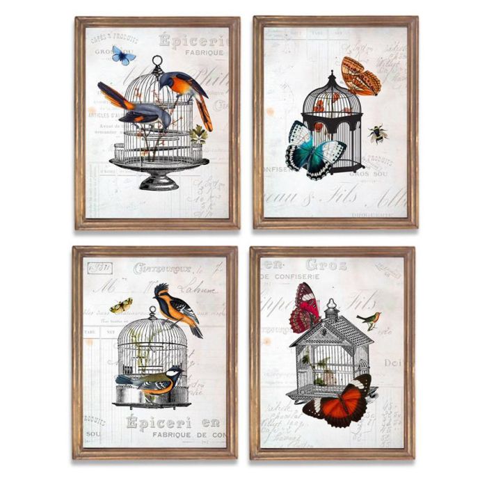 DKD Home Decor Cuadro Shabby Jaula, Madera y Lienzo Multicolor, 44x34 cm, Set de 4 Unidades, Surtido Aleatorio