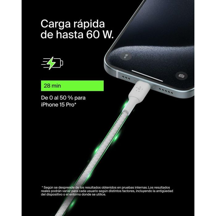 Belkin Cable USB-C a USB-C Trenzado, 0.15m, Blanco, Carga Rápida, USB 2.0 1