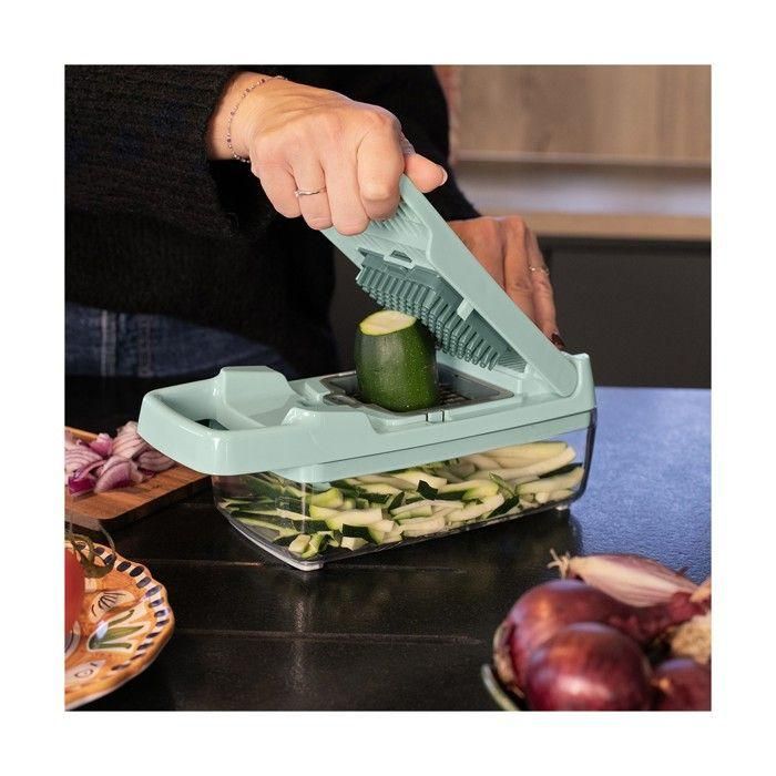 Livoo MEN435 Mandolina multifunción de cocina, 8 cuchillas de acero inoxidable, bandeja recolectora de 1,5 L para corte seguro 1