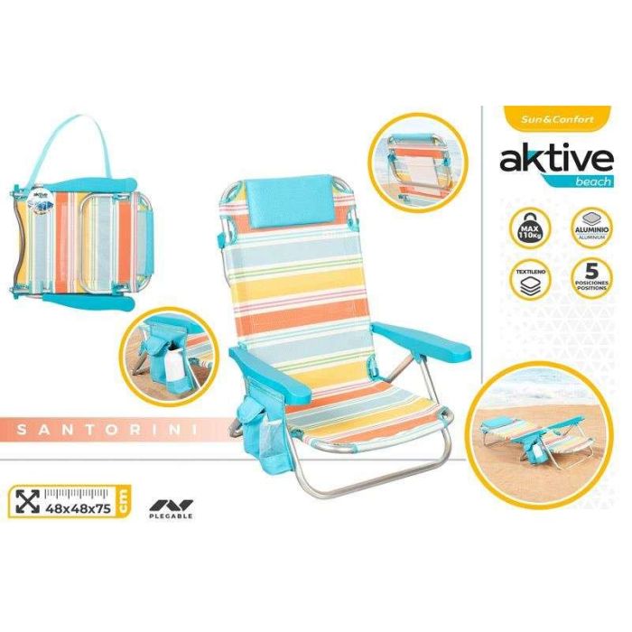 Silla de playa plegable aluminio 4 posiciones con cojin y bolsillo lateral. 48x47x74cm 1 Silla de playa plegable aluminio 4 posiciones con cojin y bolsillo lateral. 48x47x74cm 1