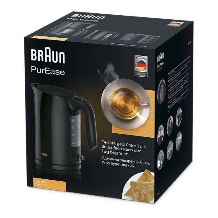 Braun WK 3000 BK PurEase Hervidor de agua 1L, 2200W, Negro, Filtro antical, Indicador nivel de agua, Apagado automático 2