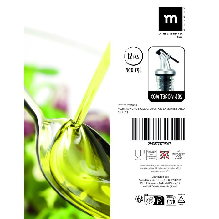 Inde Aceitera de vidrio con tapa ABS, 500 ml, ideal para aceite de oliva y vinagre, capacidad 500 ml (24 Unidades)