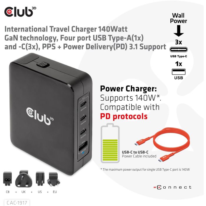 Club3D Ladegerät 3xUSB Typ C. 1xUSB Typ A. PD 140W. GaN retail 1