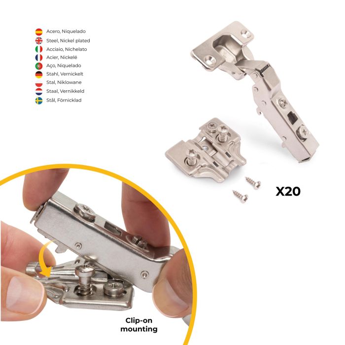 Emuca Lote de 20 bisagras codo X91 con cierre suave y suplementos Euro, Altura 0, Acero, Niquelado 2