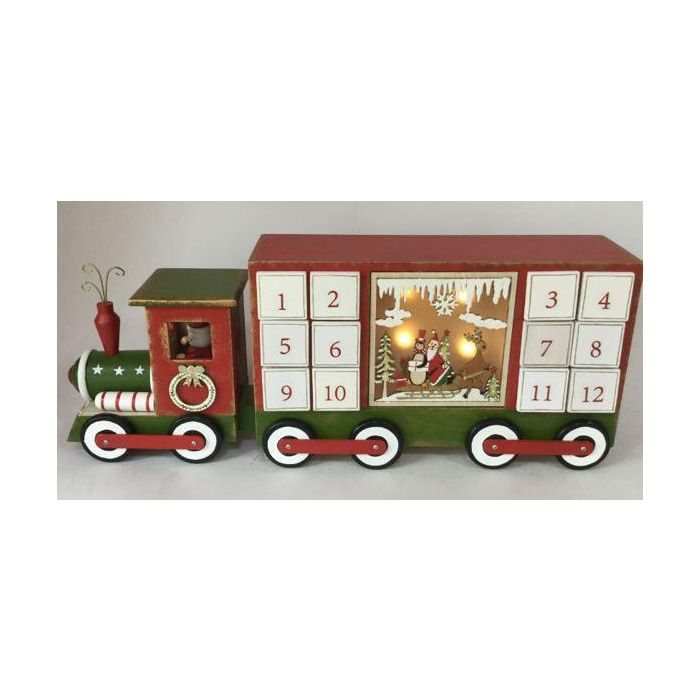 DKD Home Decor Calendario Adviento Navidad Tradicional con Tren, de Madera y LED, Colores Blanco Rojo Verde, 43x9.5x17cm (Pack 2 Unidades)