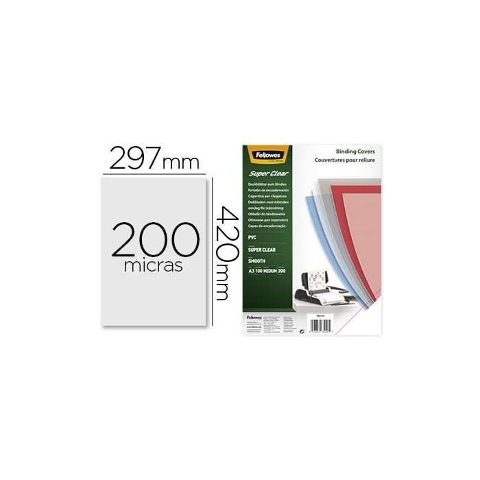 Tapa De Encuadernacion Fellowes Din A3 Pvc Transparente Cristal 200 Micras Pack De 100 Unidades