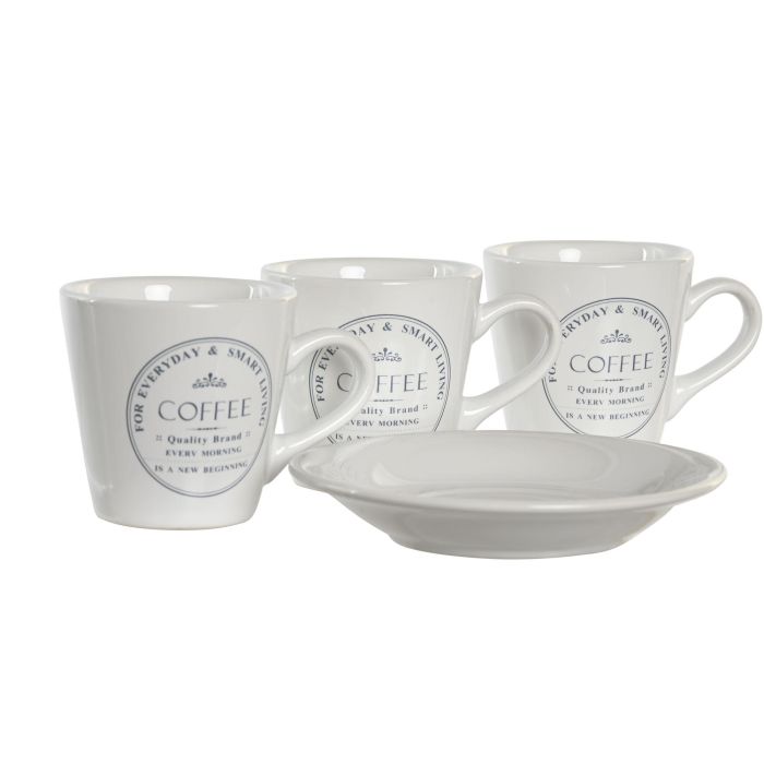 DKD Home Decor Set de 6 Tazas de Café Básicos Blancas de 90ml con Platillos de 11x11x2 cm, Fabricado en Gres y Metal 1