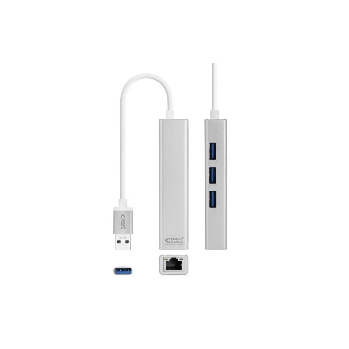 Nano Cable 10.03.0403 Hub USB 3.0 a Ethernet Gigabit con 3 Puertos USB 3.0 y Conector RJ45 Gris
