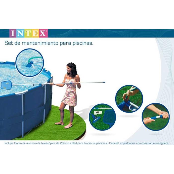 Intex 28002 Kit de Mantenimiento para Piscinas con Mango Telescópico de Aluminio de 239 cm, Boquilla Aspiradora y Red para Hojas