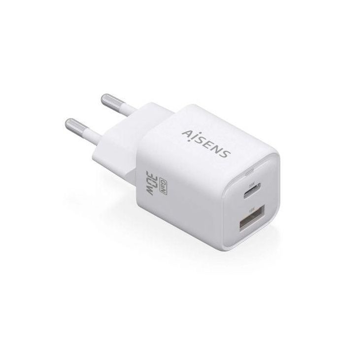 Aisens ASCH-30W2P020-W Cargador de Pared GaN 30W con 1xUSB-C PD3.0 y 1xUSB-A QC3.0. Carga Rápida para Portátiles, Móviles y Tablets, Blanco. Aisens ASCH-30W2P020-W Cargador de Pared GaN 30W con 1xUSB-C PD3.0 y 1xUSB-A QC3.0. Carga Rápida para Portátiles, Móviles y Tablets, Blanco.