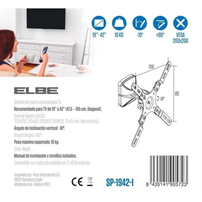 Elbe SP-1942-I Soporte de Pared Inclinable para TV 19'-42' Max. 10kg con Inclinación 10º y Giro 90º 2 Elbe SP-1942-I Soporte de Pared Inclinable para TV 19'-42' Max. 10kg con Inclinación 10º y Giro 90º 2