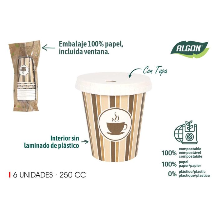 Set de 6 vasos de cartón con tapa para café 250 cc - Algon (20 Unidades) Set de 6 vasos de cartón con tapa para café 250 cc - Algon (20 Unidades)