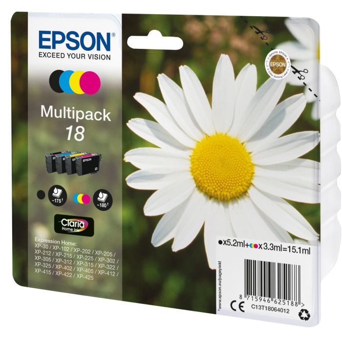 Epson Expression Home XP-102/205/305/405 MultiPack 4 Cartuchos (K,C,M,Y)nº18 1 Epson Expression Home XP-102/205/305/405 MultiPack 4 Cartuchos (K,C,M,Y)nº18 1