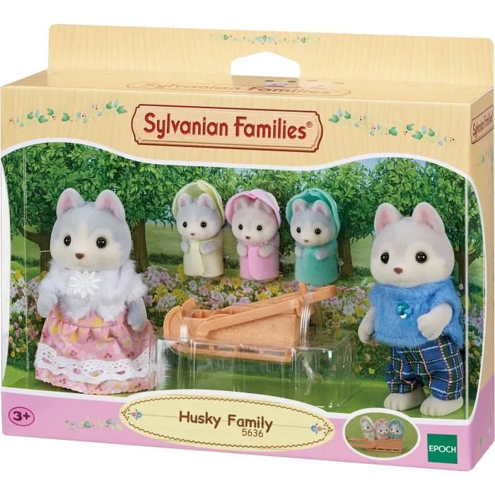 Sylvanian Families Familia Husky Mamá Papá Trillizos Muñecos Articulados con Ropa 3