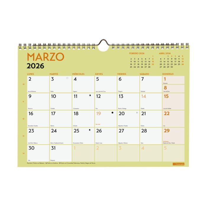 FINOCAM 787220126 Calendario de pared 2026 para escribir, formato A4 (210x297mm), vista mensual, espiral 1