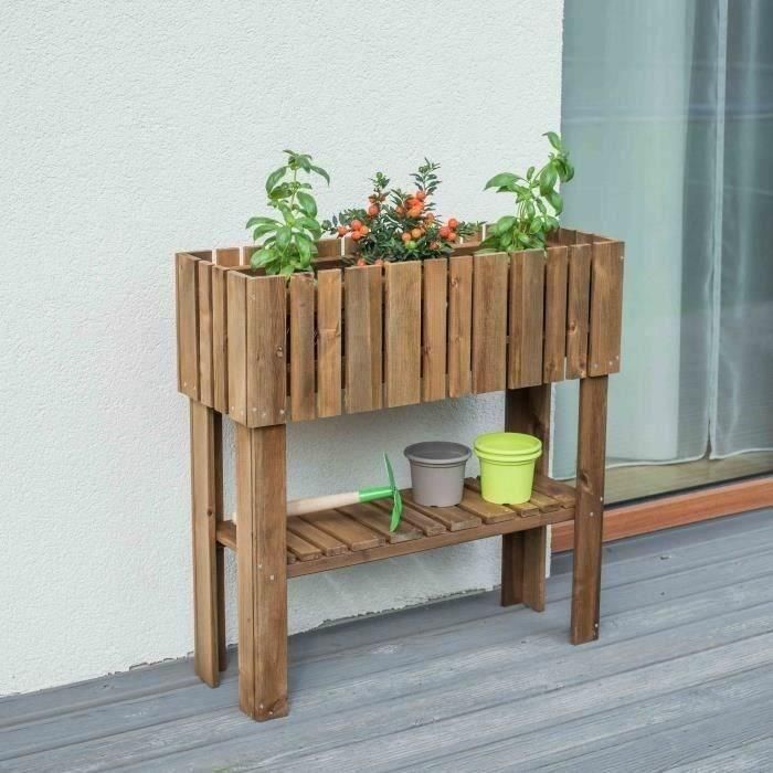EKJU Huerto elevado con repisa en pino FSC teñido de marrón - 39 L - 78 x 29 x 79 cm EKJU Huerto elevado con repisa en pino FSC teñido de marrón - 39 L - 78 x 29 x 79 cm