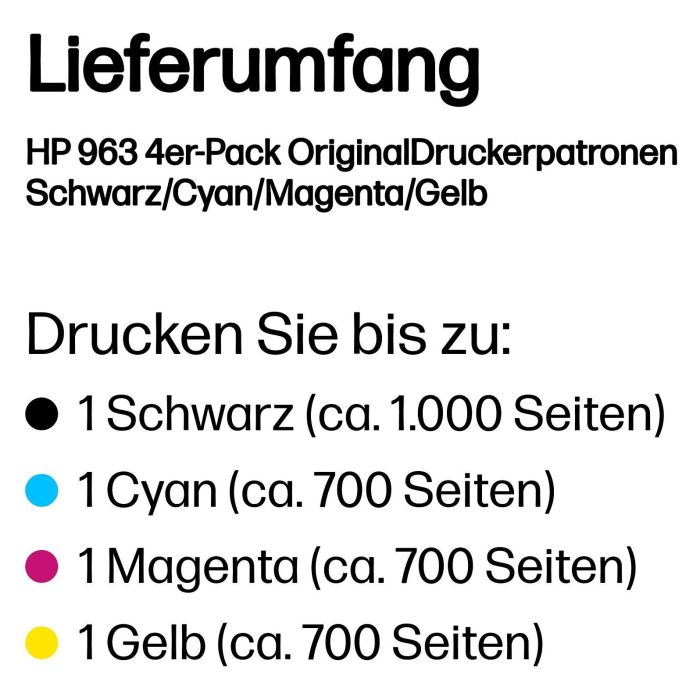 HP Cartuchos de Tinta Original 963 Negro, Cian, Magenta, Amarillo - Paquete de 4 1 HP Cartuchos de Tinta Original 963 Negro, Cian, Magenta, Amarillo - Paquete de 4 1