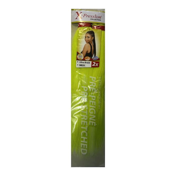 X-Pression NE21 Extensiones Pre-Peinadas Kanekalon Verde Neón, Suaves, Ligeras y sin Frizz para Trenzas y Estilos Afro (2x1)