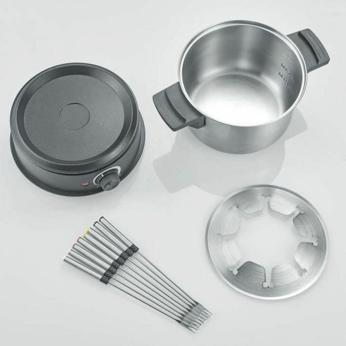 Severin FO2473 Fondue eléctrica para 8 personas con olla de acero inoxidable extraíble 1.4L, protector salpicaduras y 8 tenedores 1