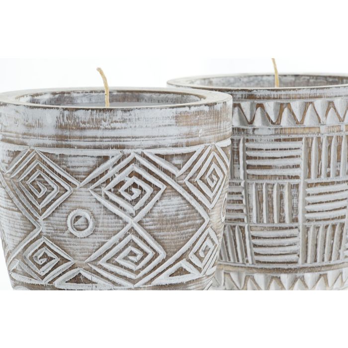 DKD Home Decor Vela Decorativa Boho para Hogar Blanco Marrón 15x15x15 cm - Pack 2 Unidades Surtidas de Cera y Madera Albasia 1