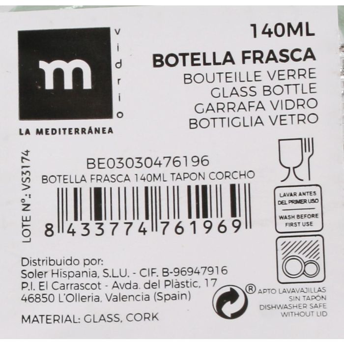 Botella Frasca 140 ml con tapón de corcho - La Mediterranea (48 Unidades) 8 Botella Frasca 140 ml con tapón de corcho - La Mediterranea (48 Unidades) 8