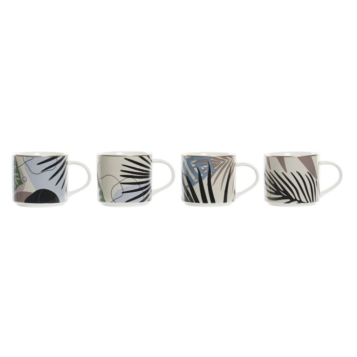 DKD Home Decor Taza Mug Tropical Hojas Multicolor de Porcelana 350ml Apta Microondas y Lavavajillas Lote 12 Unidades