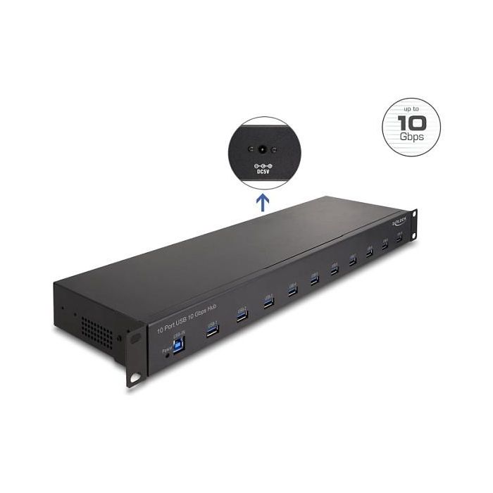 Delock Hub Industrial de 19" con 10 Puertos USB 3.2 Gen 2 Tipo-A, 10 Gbps, USB-B de Entrada, Plug & Play, Negro - 100-240V AC 2