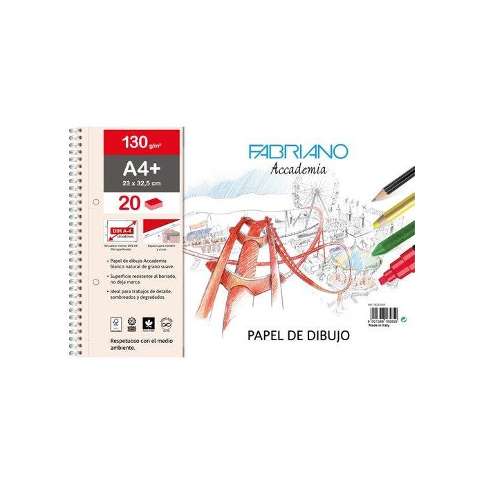 Bloc De Dibujo Fabriano Accademia Con Espiral Liso Con Recuadro 2 Taladros A4+ 130G 20H (Set de 5)