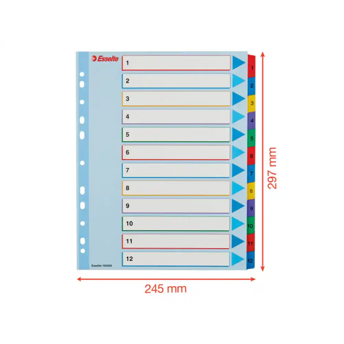 Indice Esselte Cartulina Mylar Borrable Numerico A4+ Pestañas 1-12 11 Taladros 5