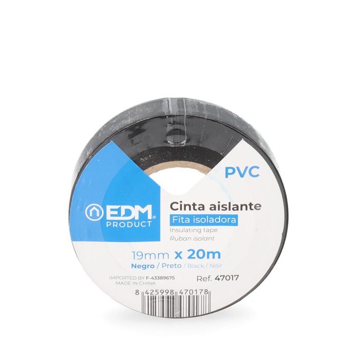 Edm Cinta aislante PVC negra 19 mm x 20 m Supra. Ideal para electricidad, grosor 0.15 mm, resistente a la intemperie. 1 Edm Cinta aislante PVC negra 19 mm x 20 m Supra. Ideal para electricidad, grosor 0.15 mm, resistente a la intemperie. 1