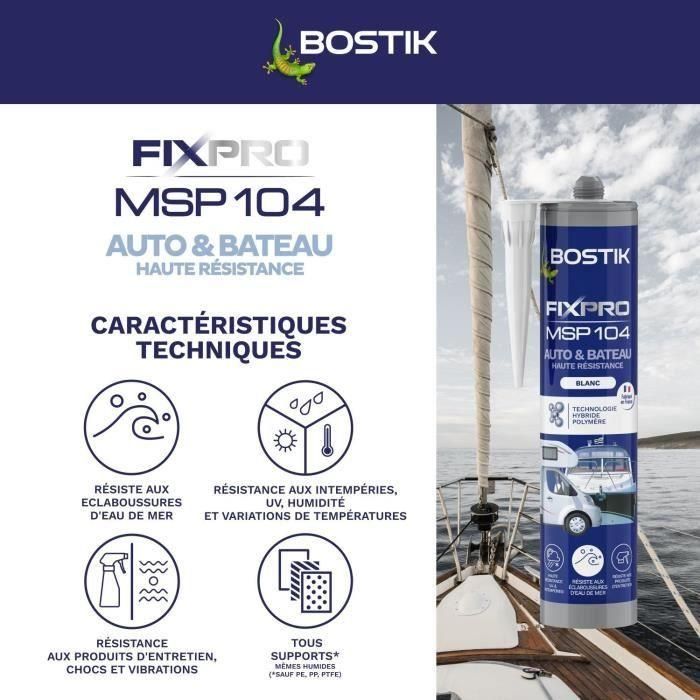 Sellador para automoción/náutica - BOSTIK - Fixpro MSP 104 - Adhesivo y sellador - Resistente a la intemperie y al agua de mar - Blanco - 290 ml 2